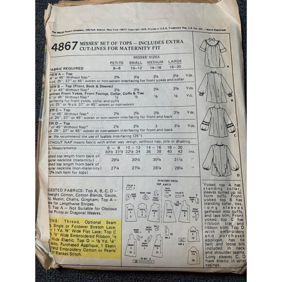 McCalls 4867 Misses Size 10 12  Tops Pattern 1970s - Picture 3 of 3